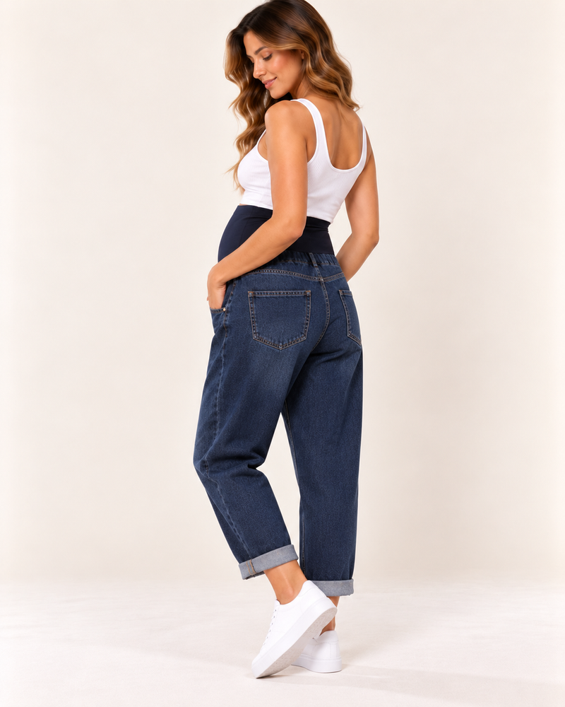MATERNITYN® Jeans Premaman Gravidanza Taglio Morbido con Fascia Alta e Risvolto, Blu Scuro