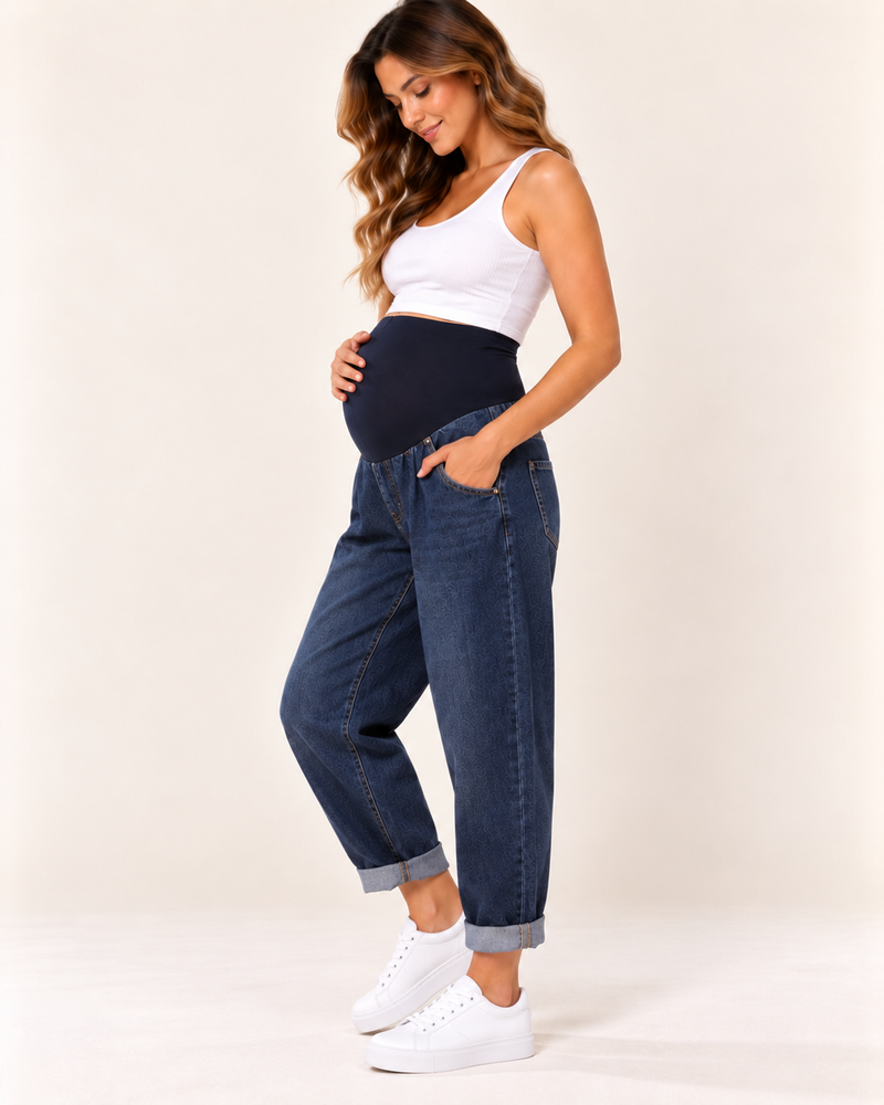 MATERNITYN® Jeans Premaman Gravidanza Taglio Morbido con Fascia Alta e Risvolto, Blu Scuro