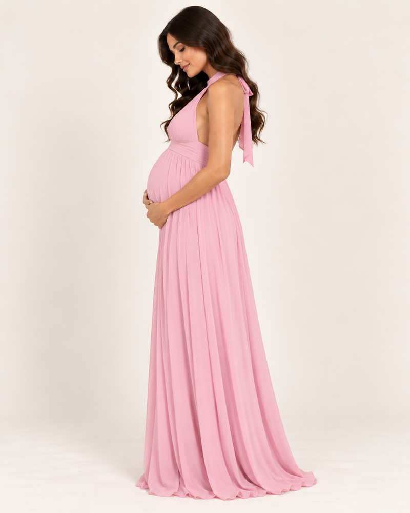 MATERNITYN® Abito Lungo Premaman Elegante da Cerimonia, Collo all'Americana e Schiena Scoperta